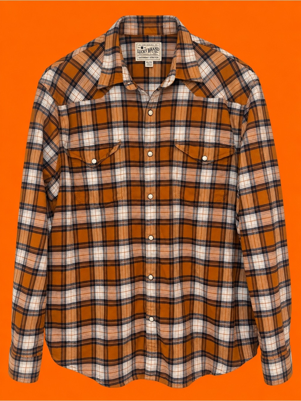 Lucky Brand Saturday Stretch Men’s XL Orange Plaid Western Pearl Snap Shirt